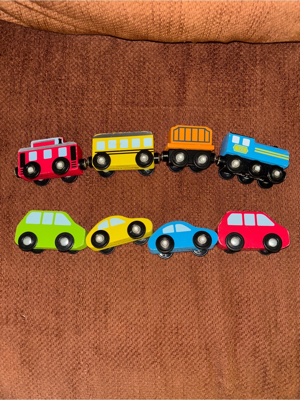 Melissa & Doug Wooden Magnetic Train & Car Vehicle Set (8) Multicolor Kids Cars